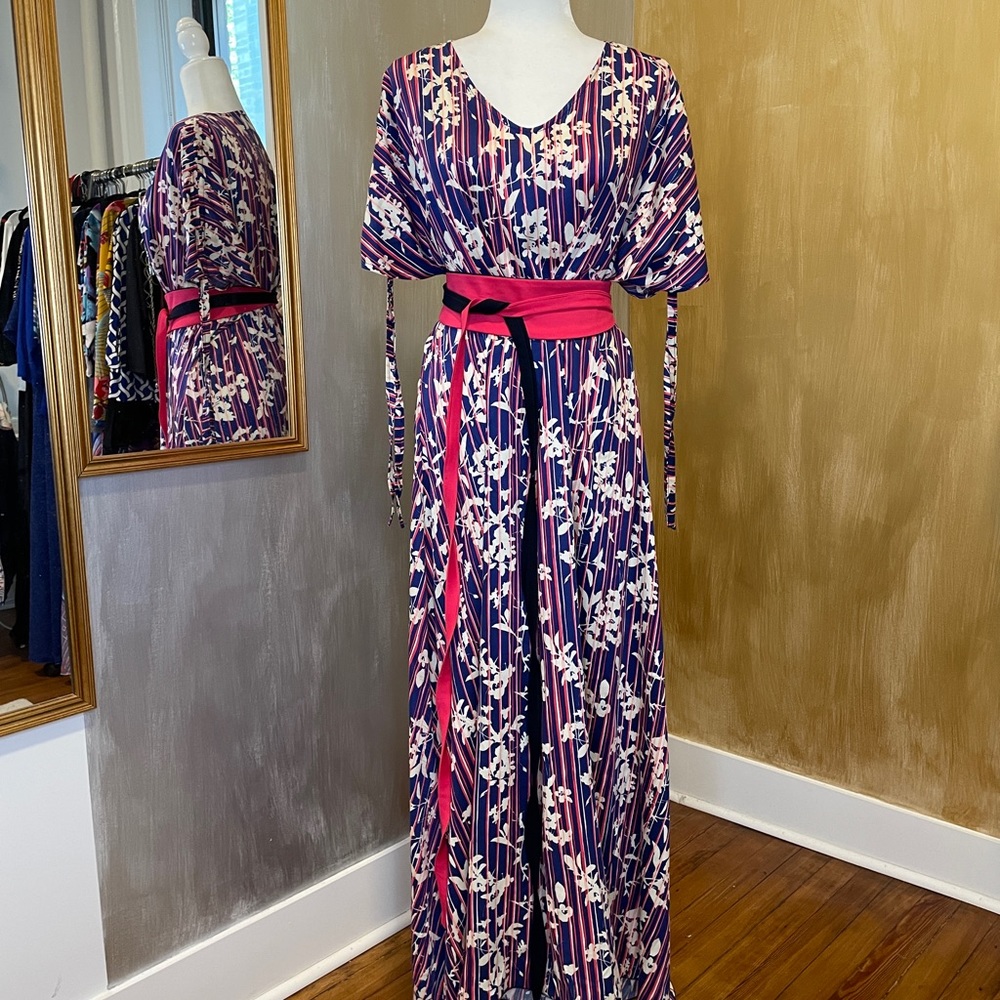 Wear 3 Ways Sleeve Dress in Navy and Pink Print